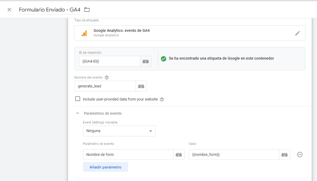 crear parámetro en gtm